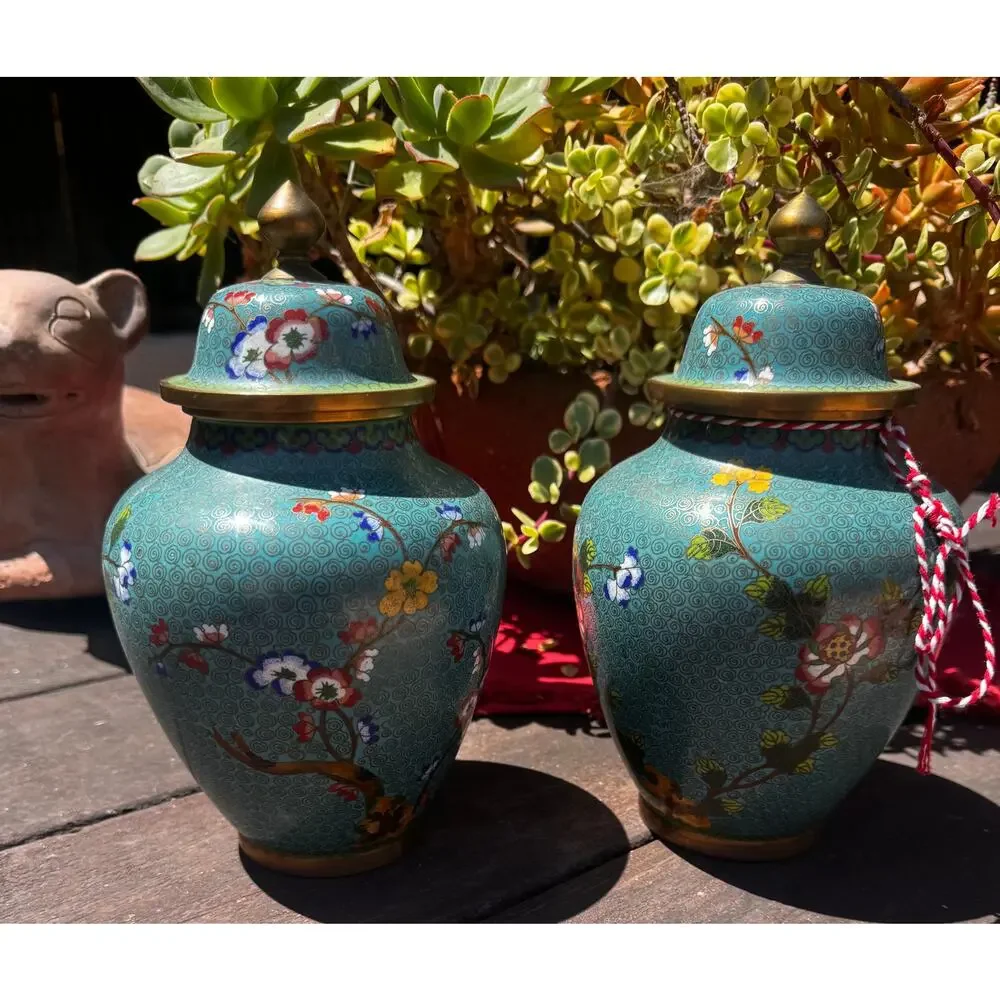 Vintage Chinese Cloisonne Ginger Jars Pair -Turquoise Floral Lidded Urns Amazing